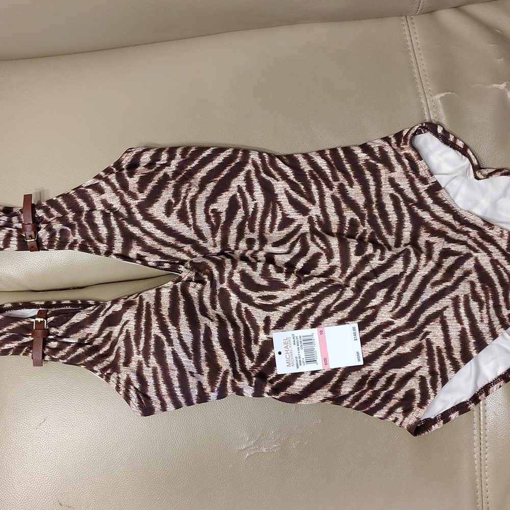 MICHAEL KORS LEATHER ACCENTS ONE PIECE SWIMSUIT 10